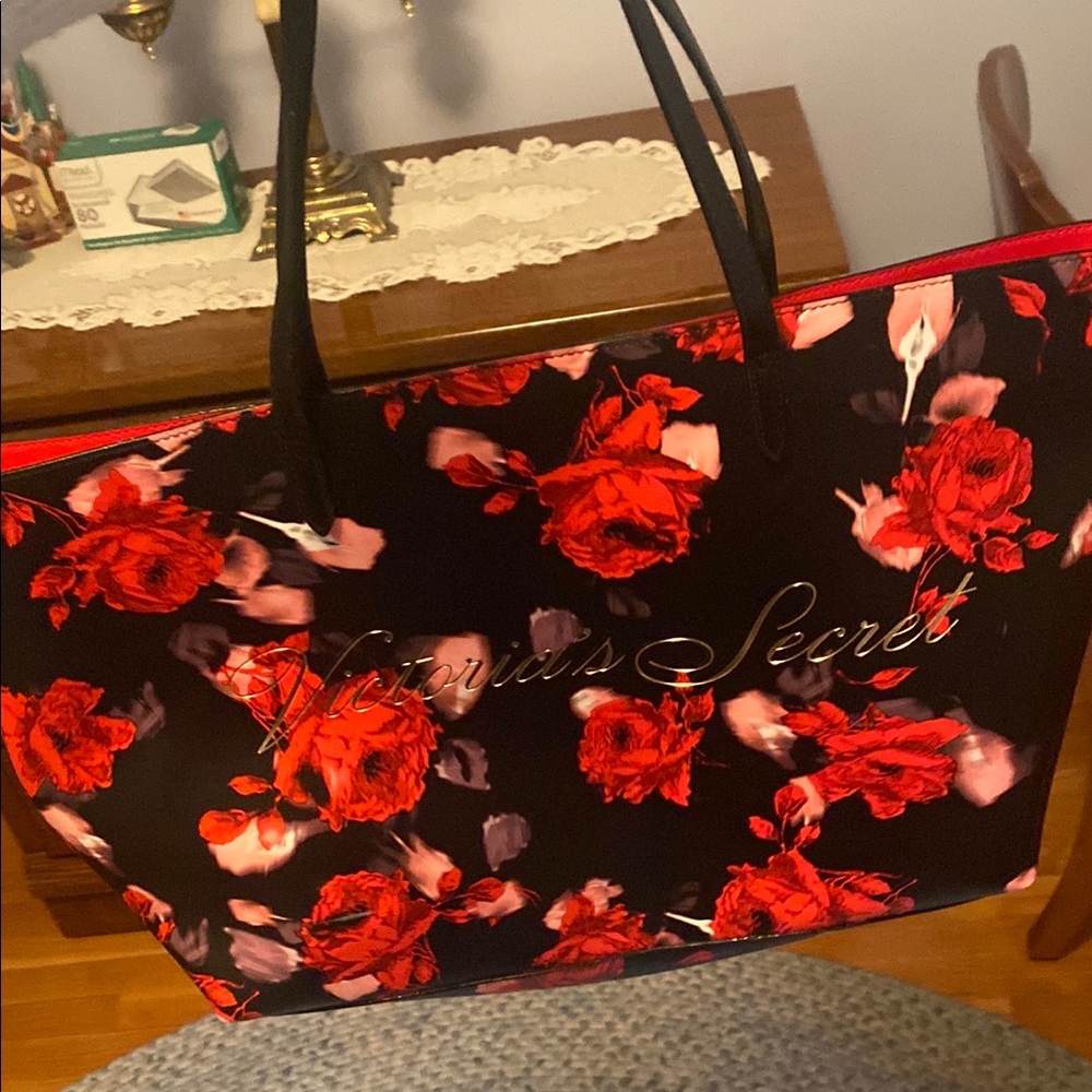 Victoria's Secret Red and Black Floral Tote